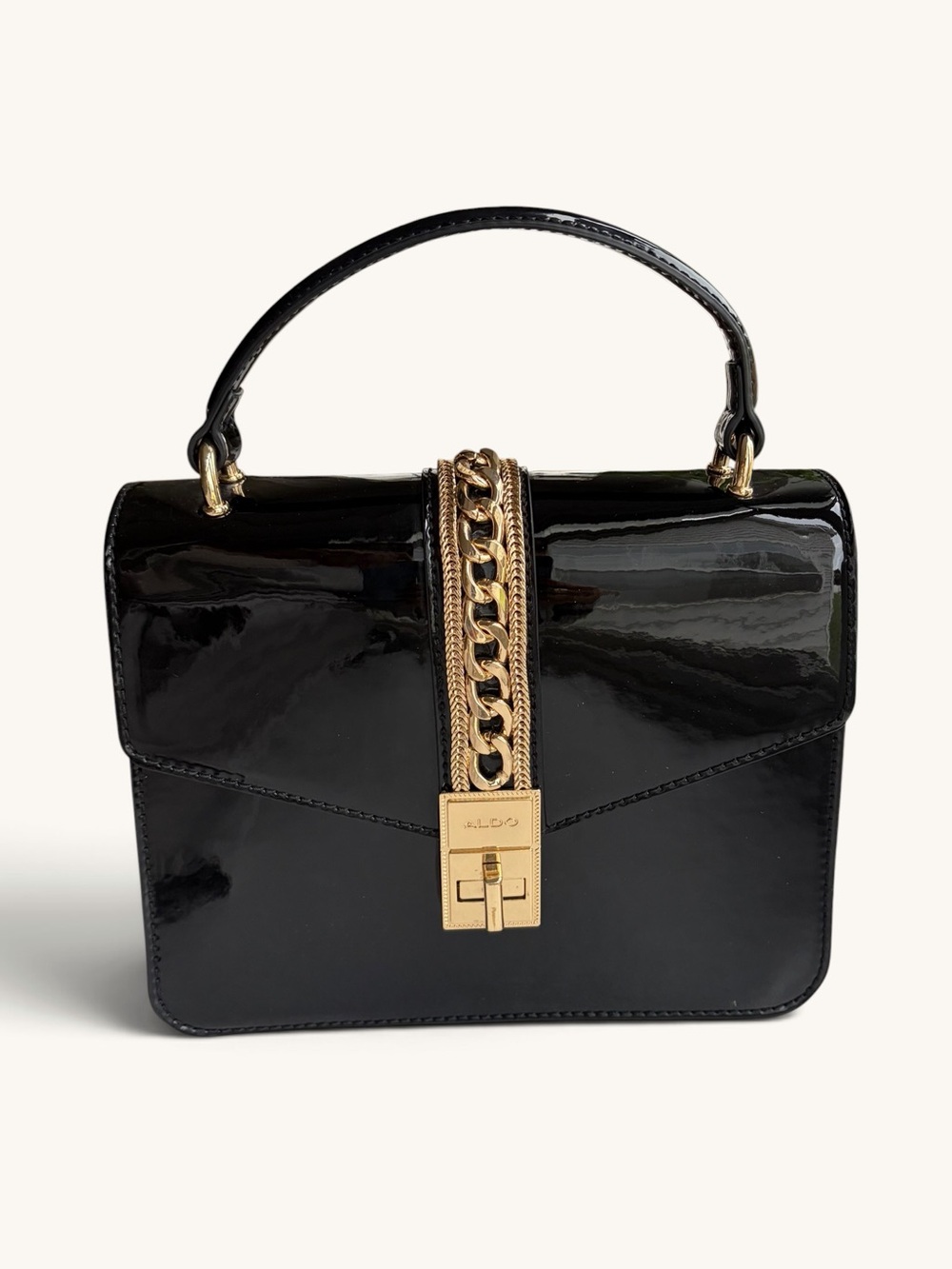 Aldo Black Patent Satchel with Gold Chain Detail